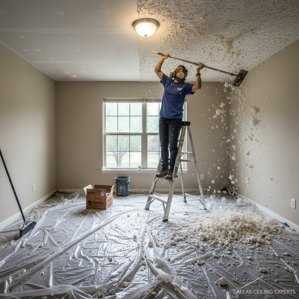 Popcorn ceiling removal and modern smooth finish by Terra Renovations in Dallas.

