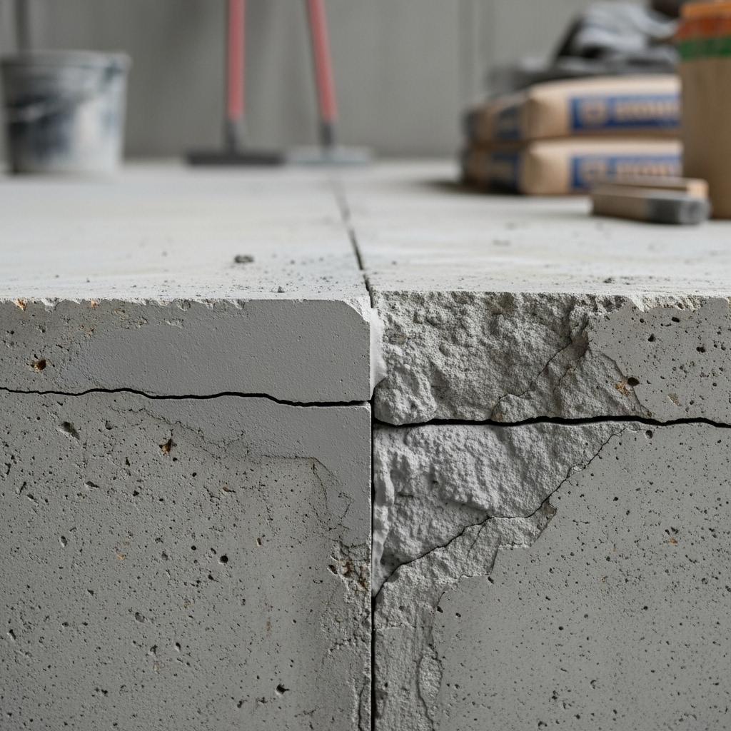 Concrete repair before and after results by Terra Renovations, showing cracked driveway restored to like-new condition in Dallas.