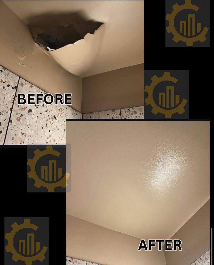 Before and after drywall ceiling repair, hole patched smooth and painted, drywall repair in Dallas Fort Worth TX
